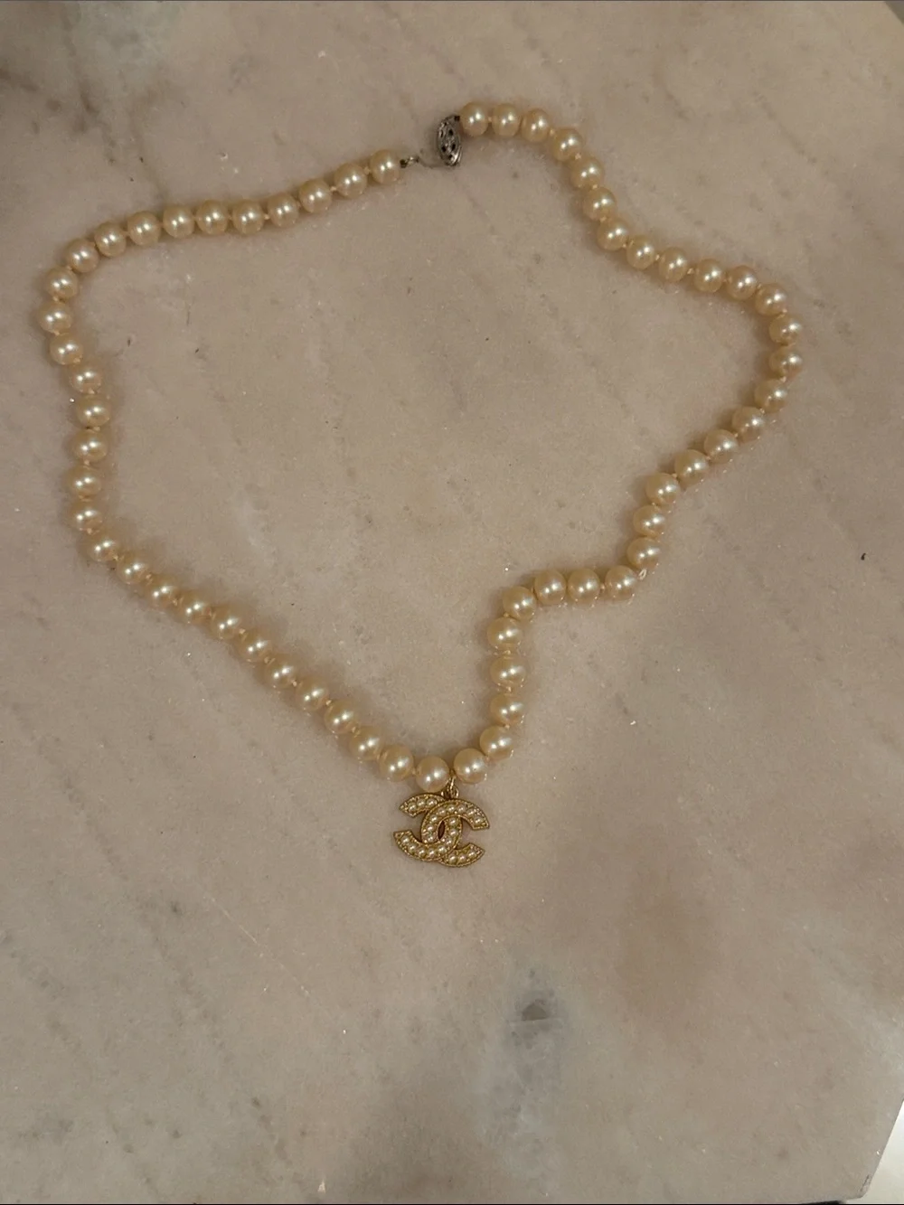CHANEL Pearl Necklace with Gold CC Crystal Pendant